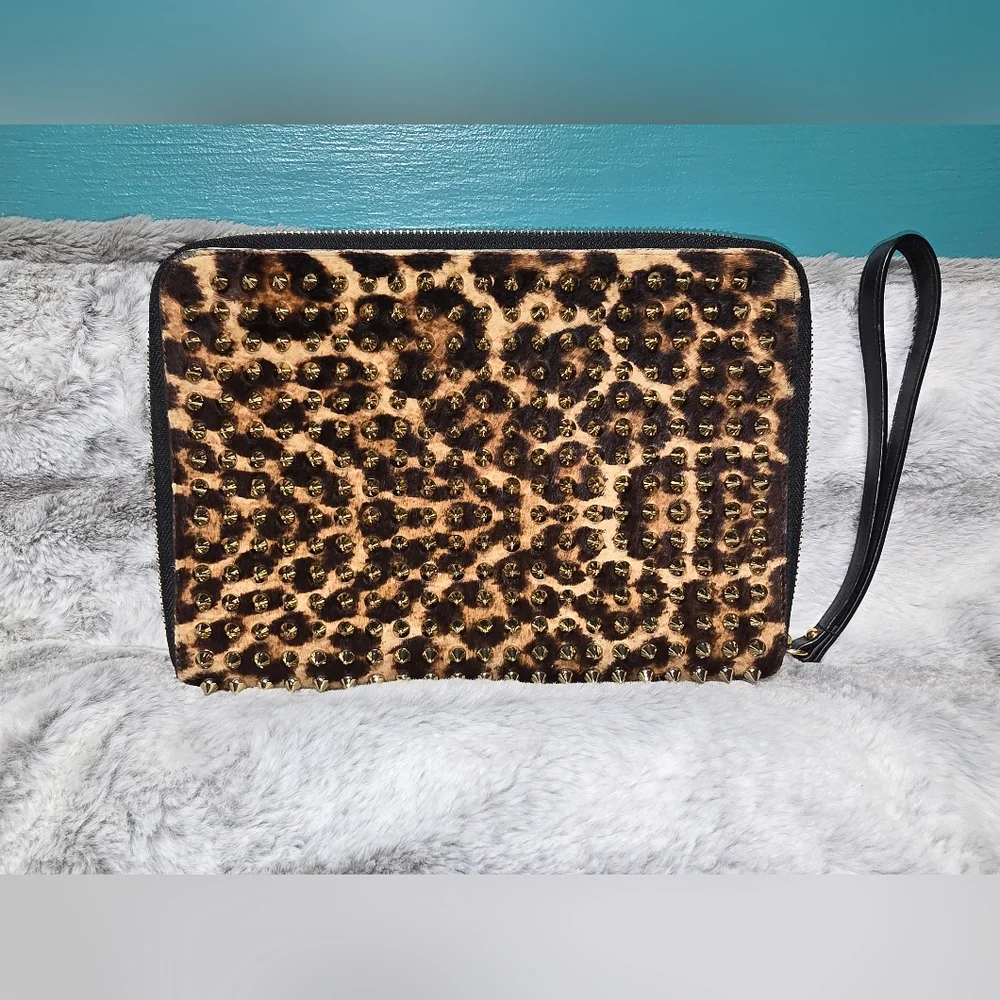 Rare Find-Christian Louboutin Leopard Pony Hair Cris Spiked Clutch/iPad Case COA